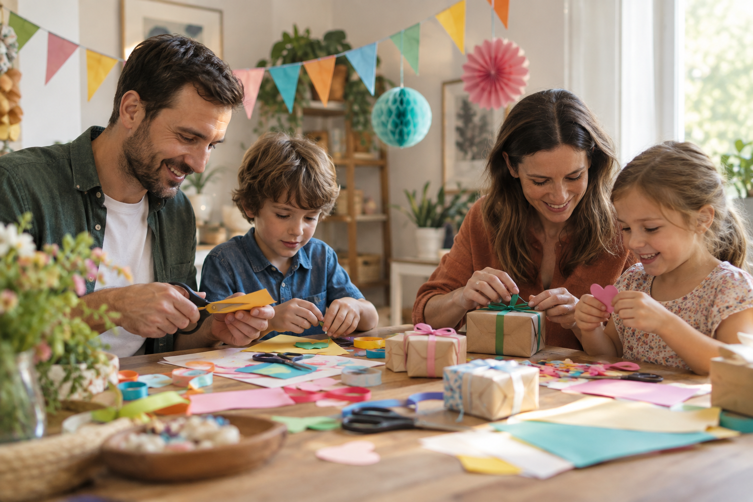 Illustration: A tasteful family celebration craft table with colorful paper bunting, paper-cut decorations, wrapped small gifts, ribbons and scissors, cheerful but refined home setting.